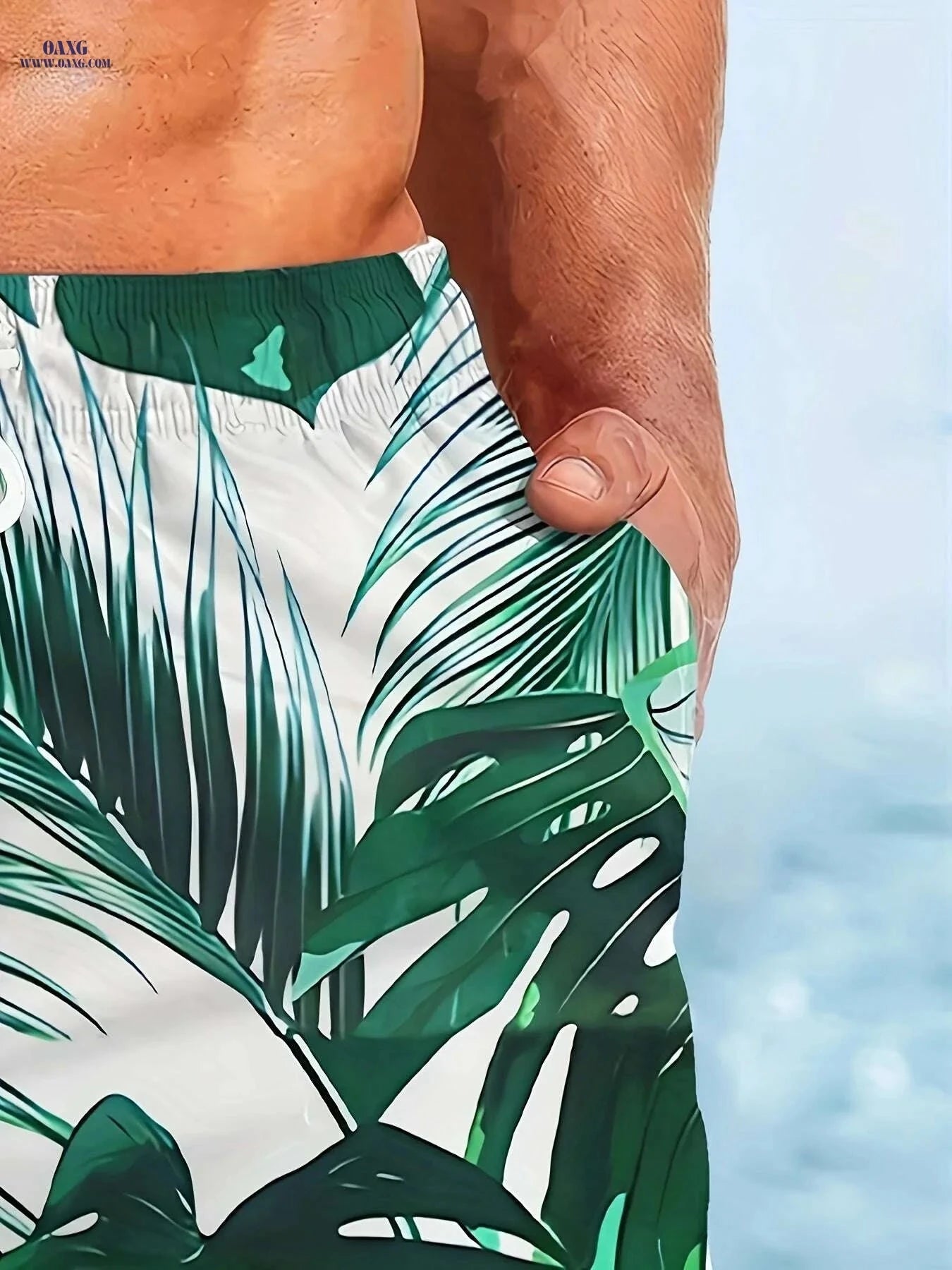 Men's Quick-Dry Swim Shorts - Tropical Palm Leaf Print, Lightweight Design   OAXG 