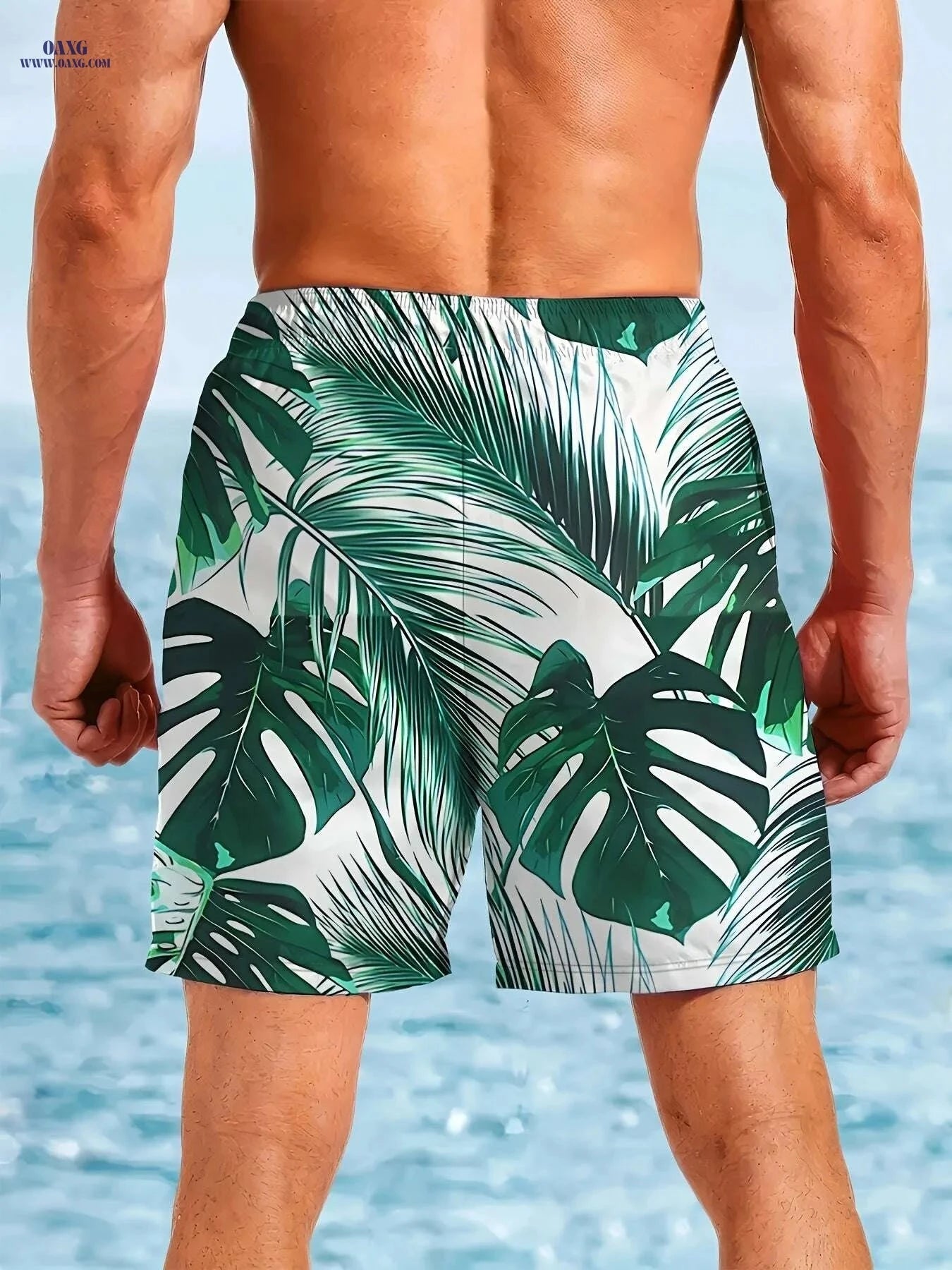 Men's Quick-Dry Swim Shorts - Tropical Palm Leaf Print, Lightweight Design   OAXG Mixed Color / S