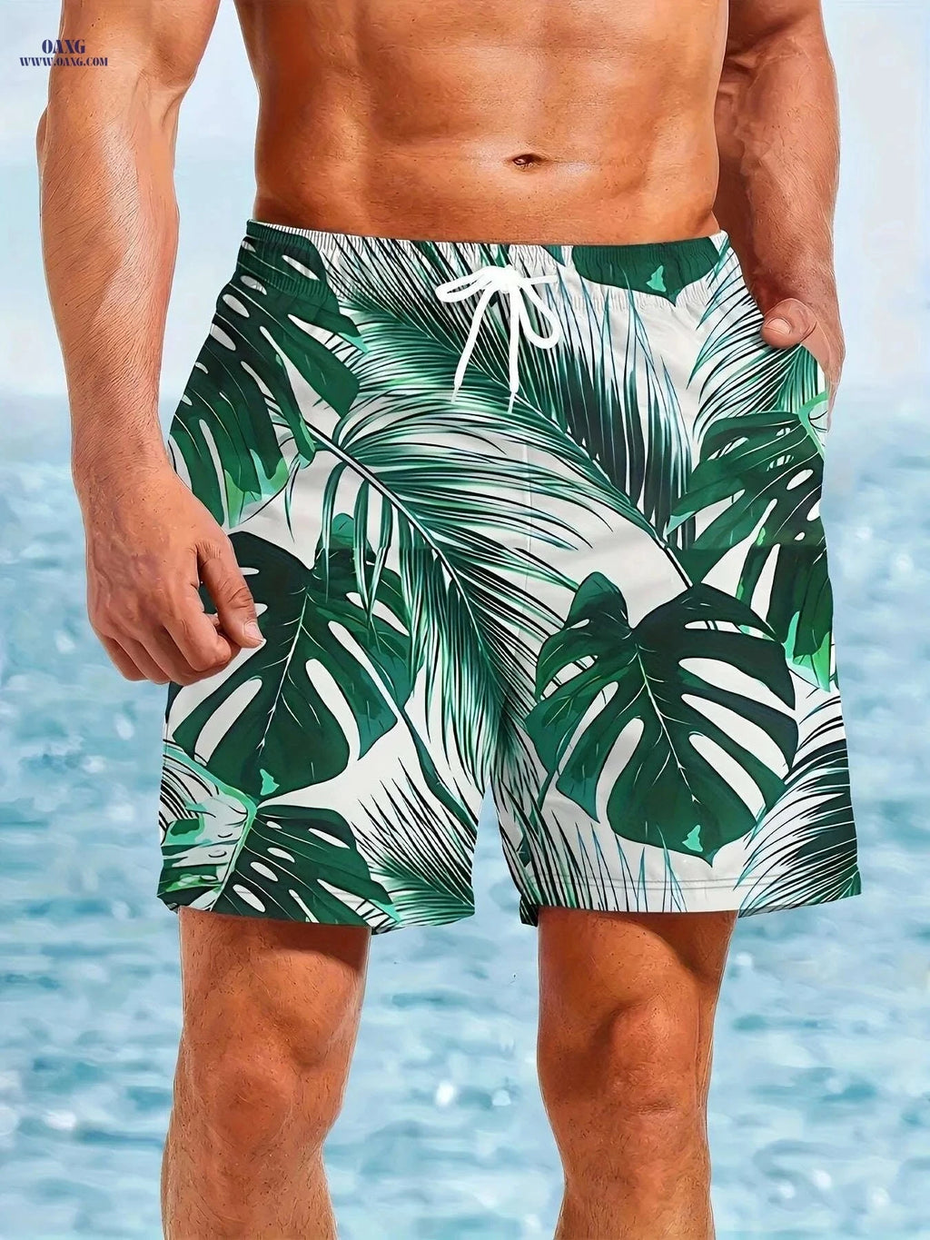 Men's Quick-Dry Swim Shorts - Tropical Palm Leaf Print, Lightweight Design   OAXG Mixed Color / S