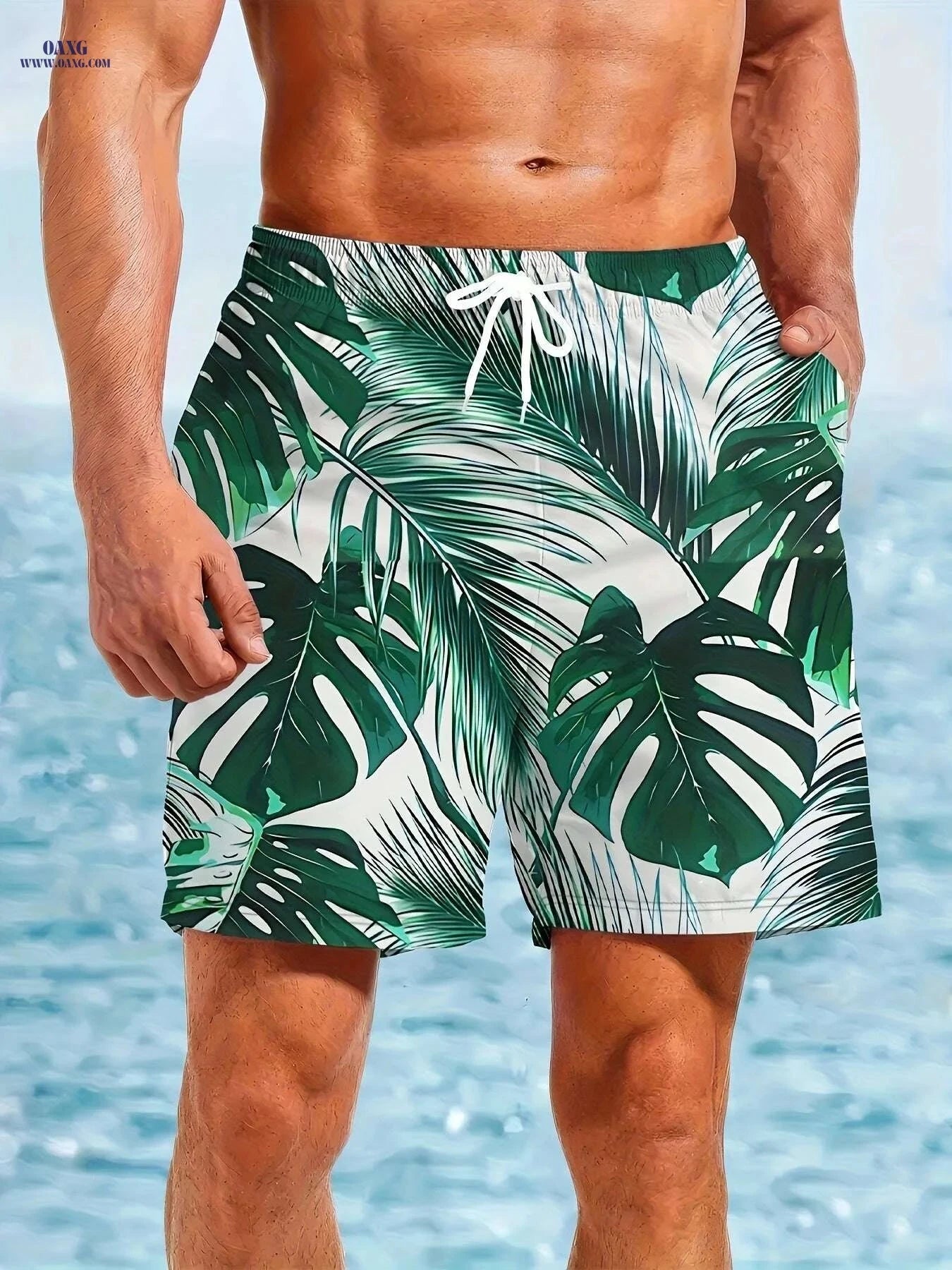 Men's Quick-Dry Swim Shorts - Tropical Palm Leaf Print, Lightweight Design   OAXG Mixed Color / S