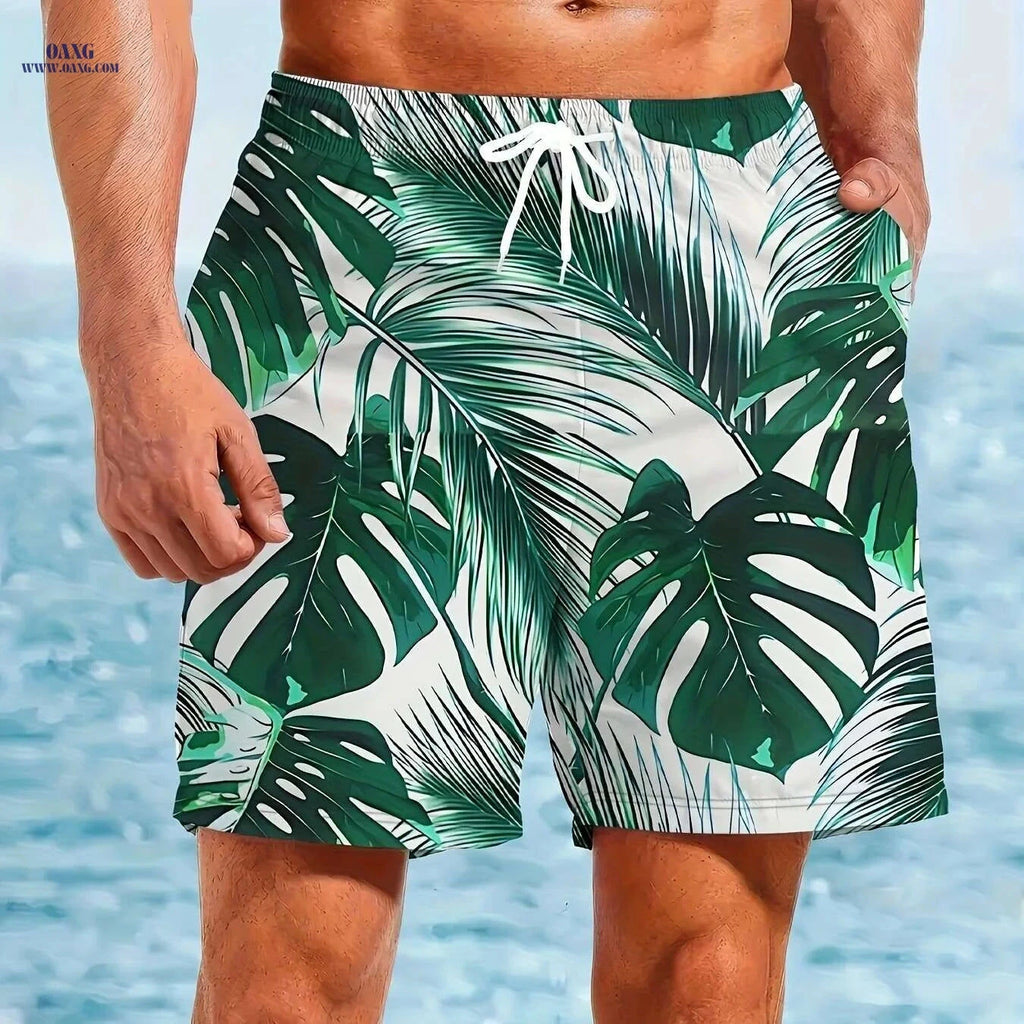 Men's Quick-Dry Swim Shorts - Tropical Palm Leaf Print, Lightweight Design   OAXG Mixed Color / S