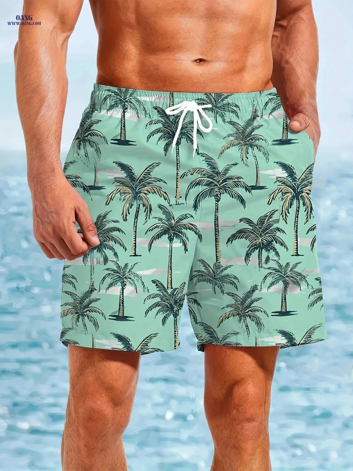 Men's Quick-Dry Swim Shorts - Tropical Palm Print Beach Board Shorts   OAXG 