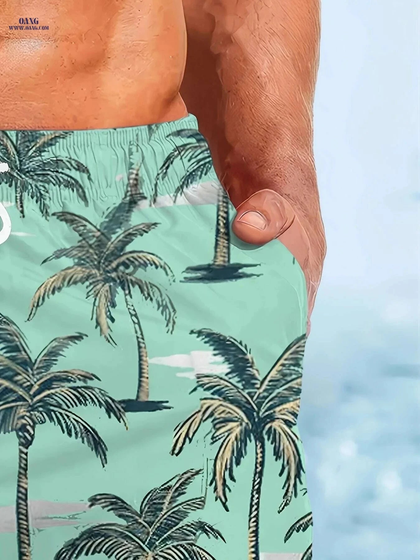 Men's Quick-Dry Swim Shorts - Tropical Palm Print Beach Board Shorts   OAXG Mixed Color / S