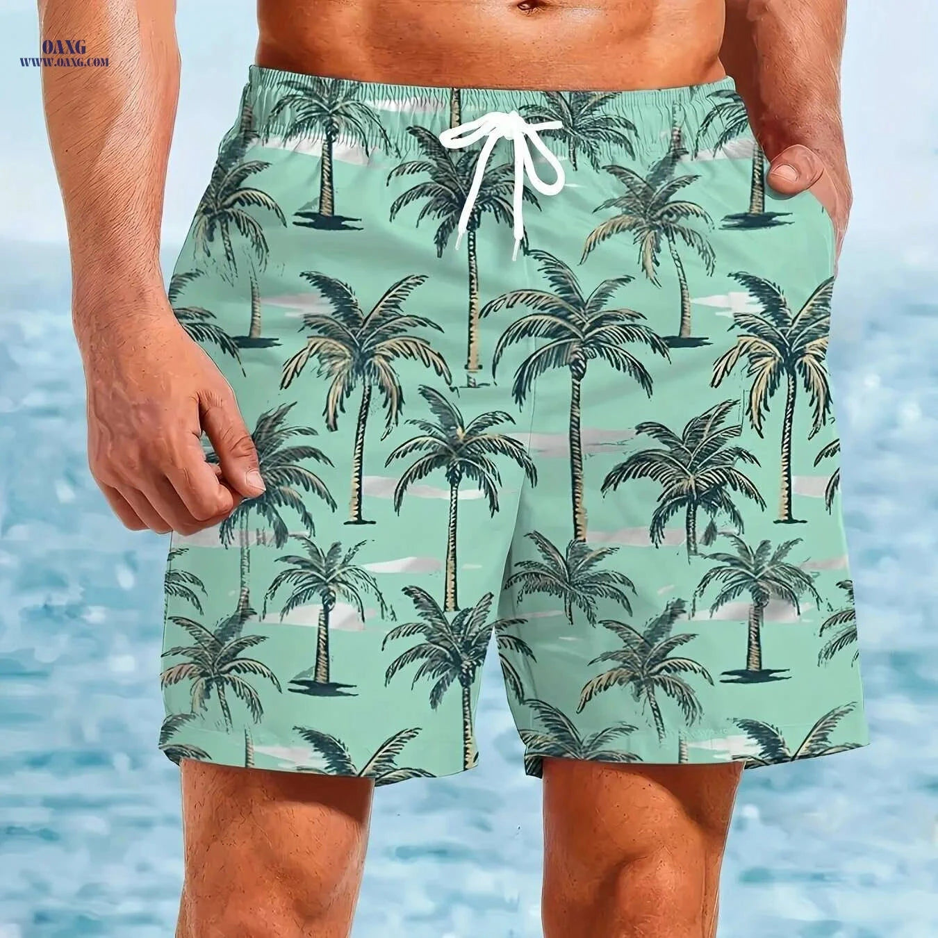 Men's Quick-Dry Swim Shorts - Tropical Palm Print Beach Board Shorts   OAXG Mixed Color / S