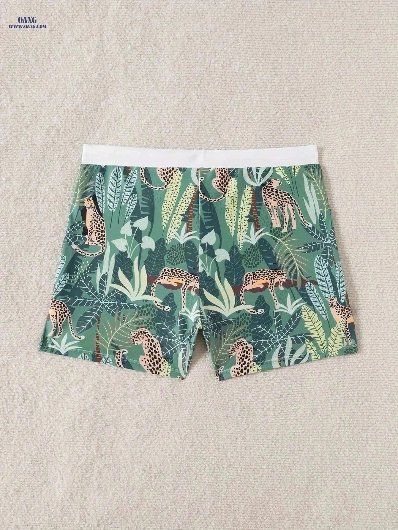 Men's Quick-Dry Swim Shorts - Tropical Print, Adjustable Drawstring   OAXG Dark Green / S