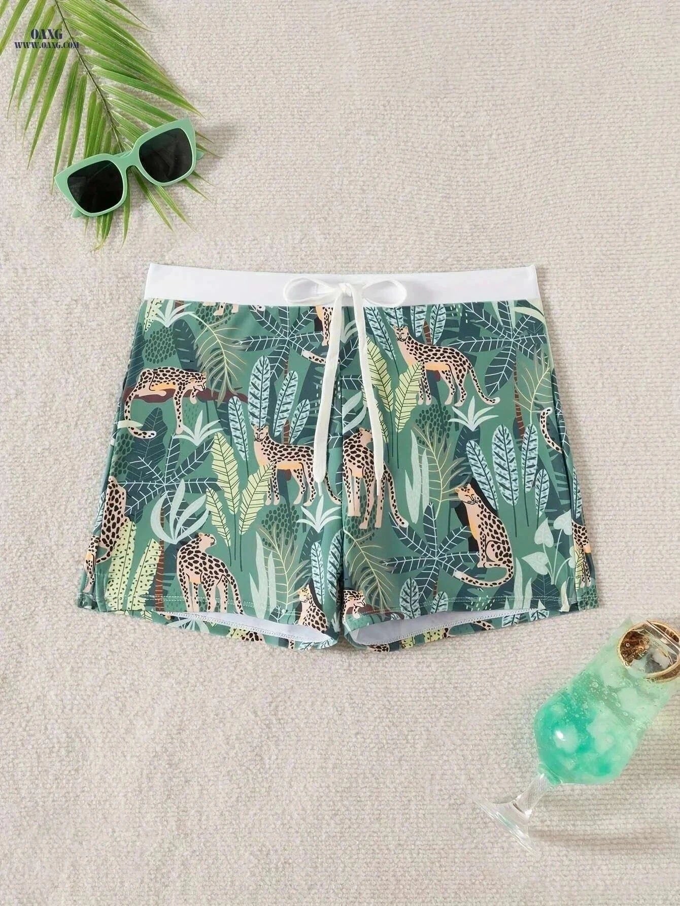 Men's Quick-Dry Swim Shorts - Tropical Print, Adjustable Drawstring   OAXG Dark Green / S