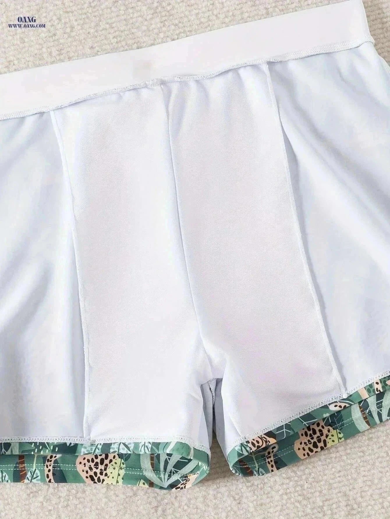 Men's Quick-Dry Swim Shorts - Tropical Print, Adjustable Drawstring   OAXG Dark Green / S