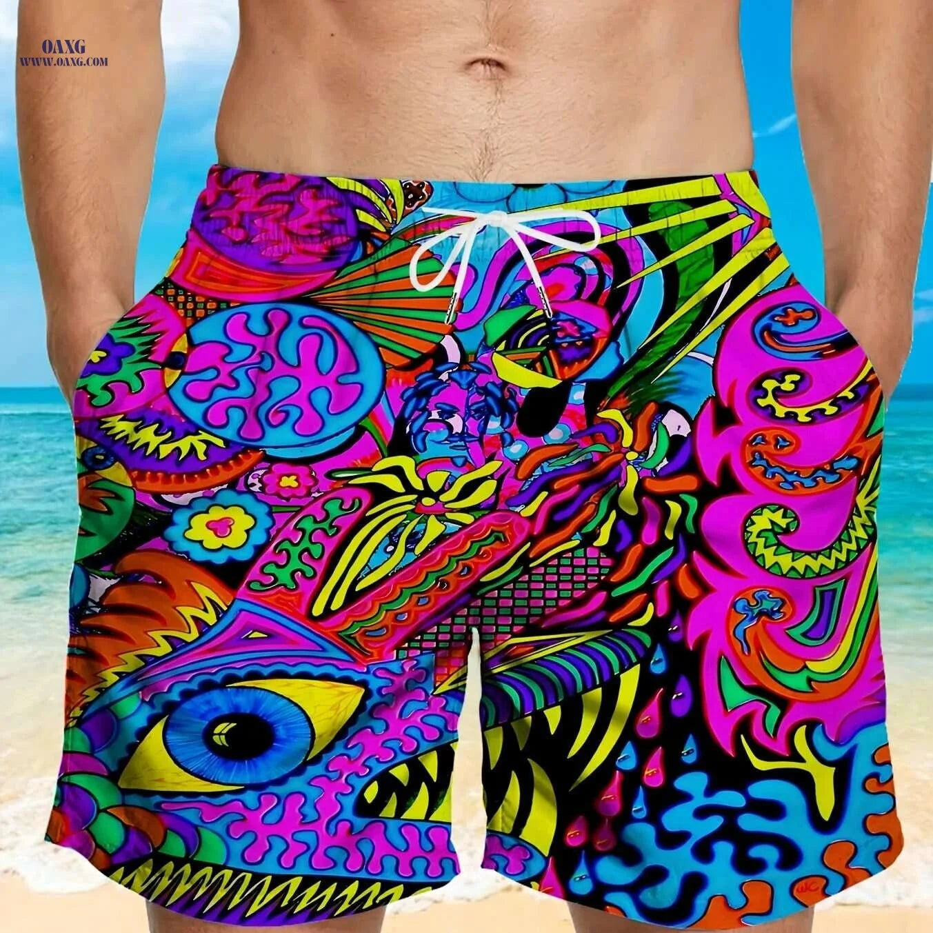 Men's Quick-Dry Swim Shorts - Vibrant All-Over Print & Pockets   OAXG 