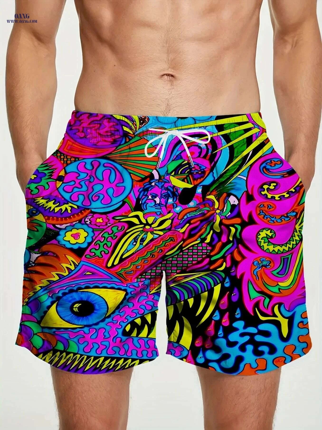 Men's Quick-Dry Swim Shorts - Vibrant All-Over Print & Pockets   OAXG 