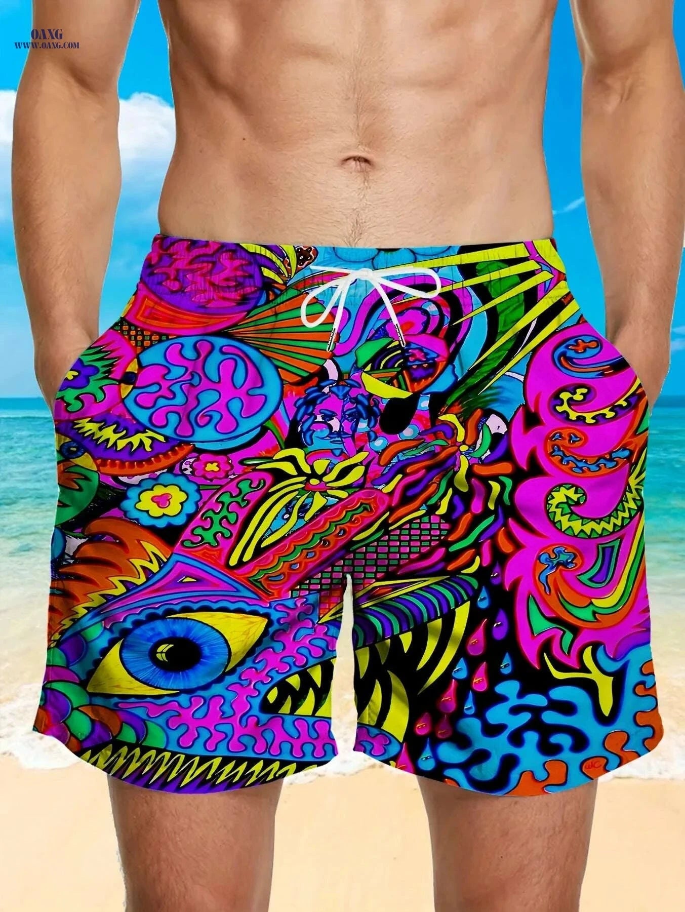 Men's Quick-Dry Swim Shorts - Vibrant All-Over Print & Pockets   OAXG 