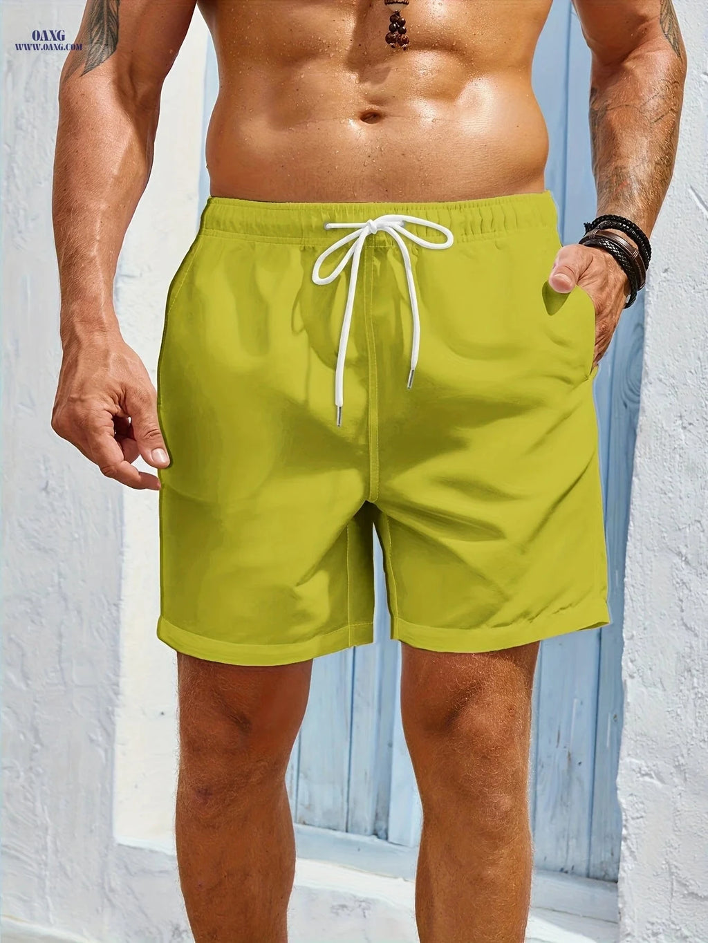 Men's Quick-Dry Swim Shorts - Zipper Pockets, Solid Color   OAXG 