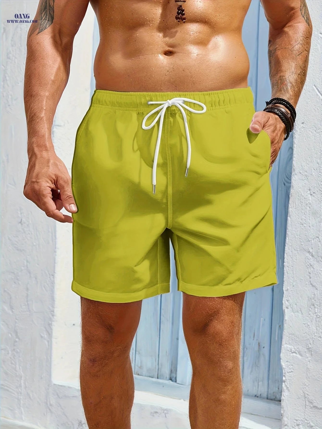 Men's Quick-Dry Swim Shorts - Zipper Pockets, Solid Color   OAXG 