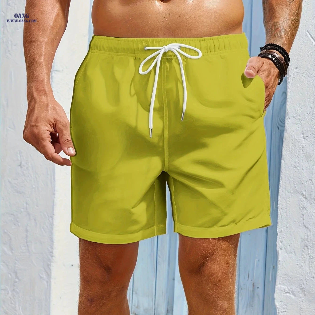 Men's Quick-Dry Swim Shorts - Zipper Pockets, Solid Color   OAXG 