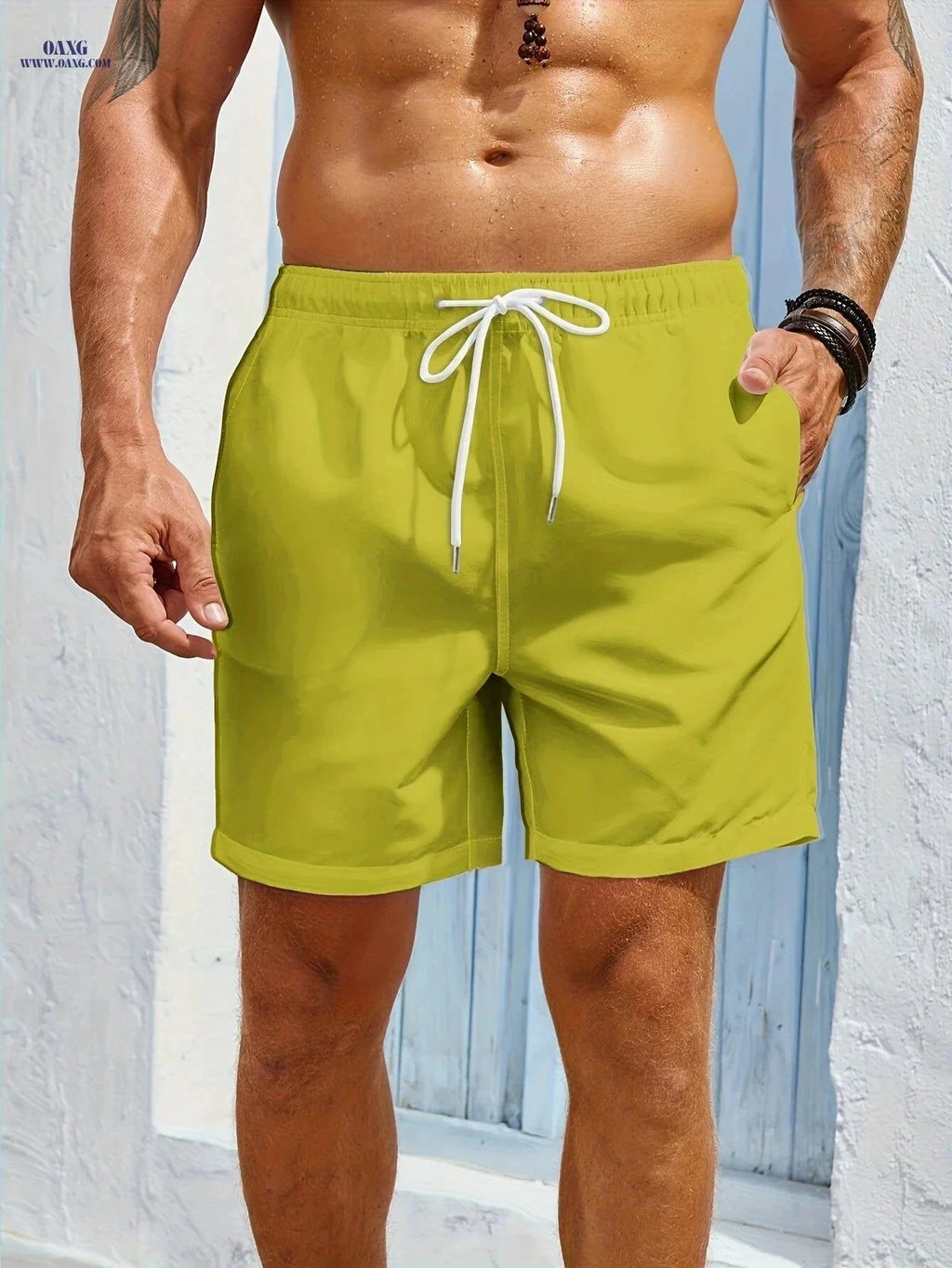 Men's Quick-Dry Swim Shorts - Zipper Pockets, Solid Color   OAXG Fluorescent Yellow / FR S