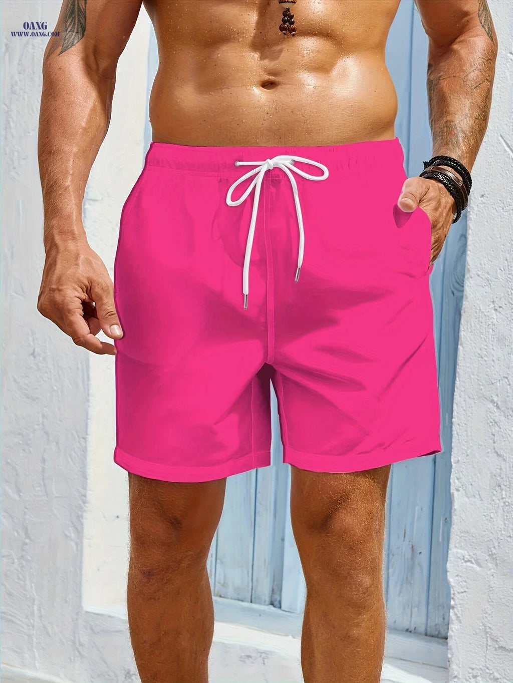 Men's Quick-Dry Swim Shorts - Zipper Pockets, Solid Color   OAXG Fluorescent Yellow / FR S