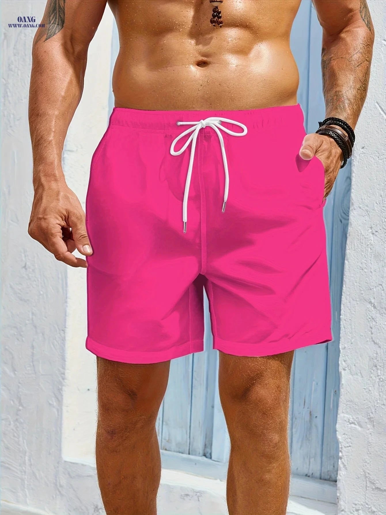 Men's Quick-Dry Swim Shorts - Zipper Pockets, Solid Color   OAXG Fluorescent Yellow / FR S