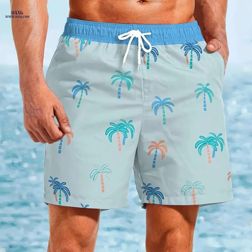 Men's Quick-Dry Swim Trunks - Lightweight Beach Shorts with Tropical Print   OAXG Mixed Color / S