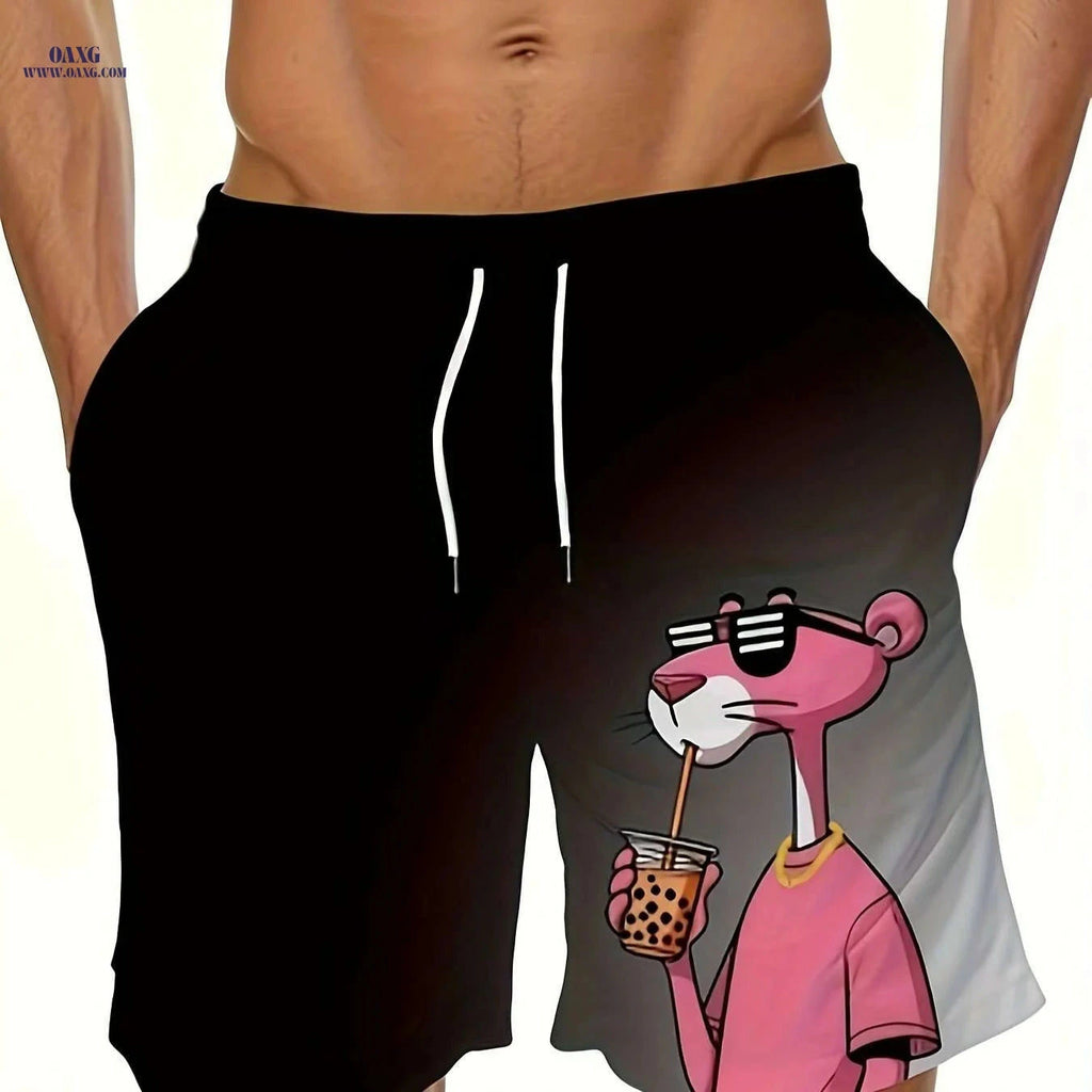 Men's Quick-Dry Swim Trunks - Pink Panther Print, Lightweight & Comfortable   OAXG Rose Red / S