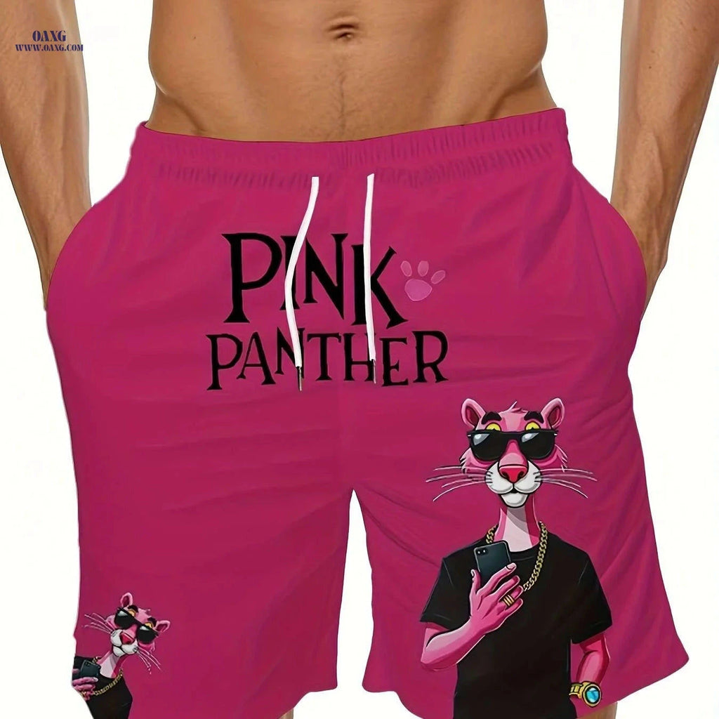 Men's Quick-Dry Swim Trunks - Pink Panther Print, Lightweight & Comfortable   OAXG Rose Red / S
