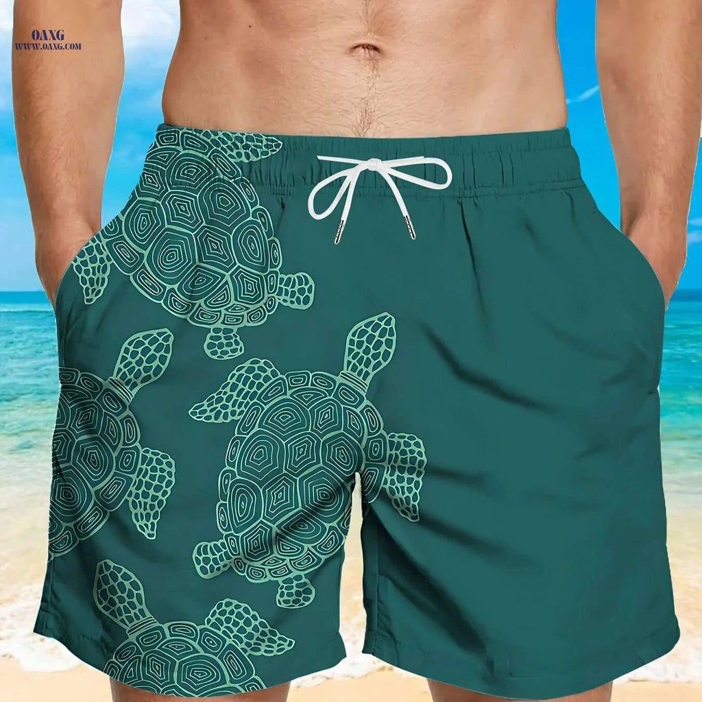 Men’s Quick-Dry Swim Trunks - Stylish Brown Shark Print, Pockets   OAXG 