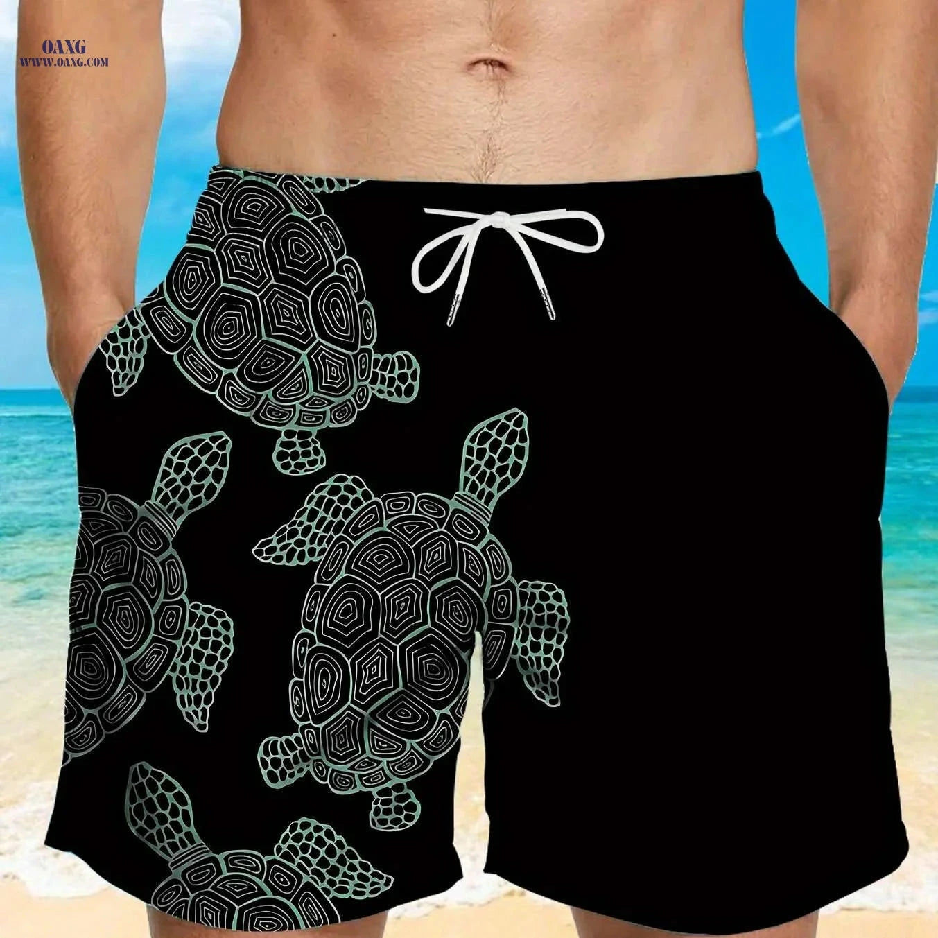 Men’s Quick-Dry Swim Trunks - Stylish Brown Shark Print, Pockets   OAXG 