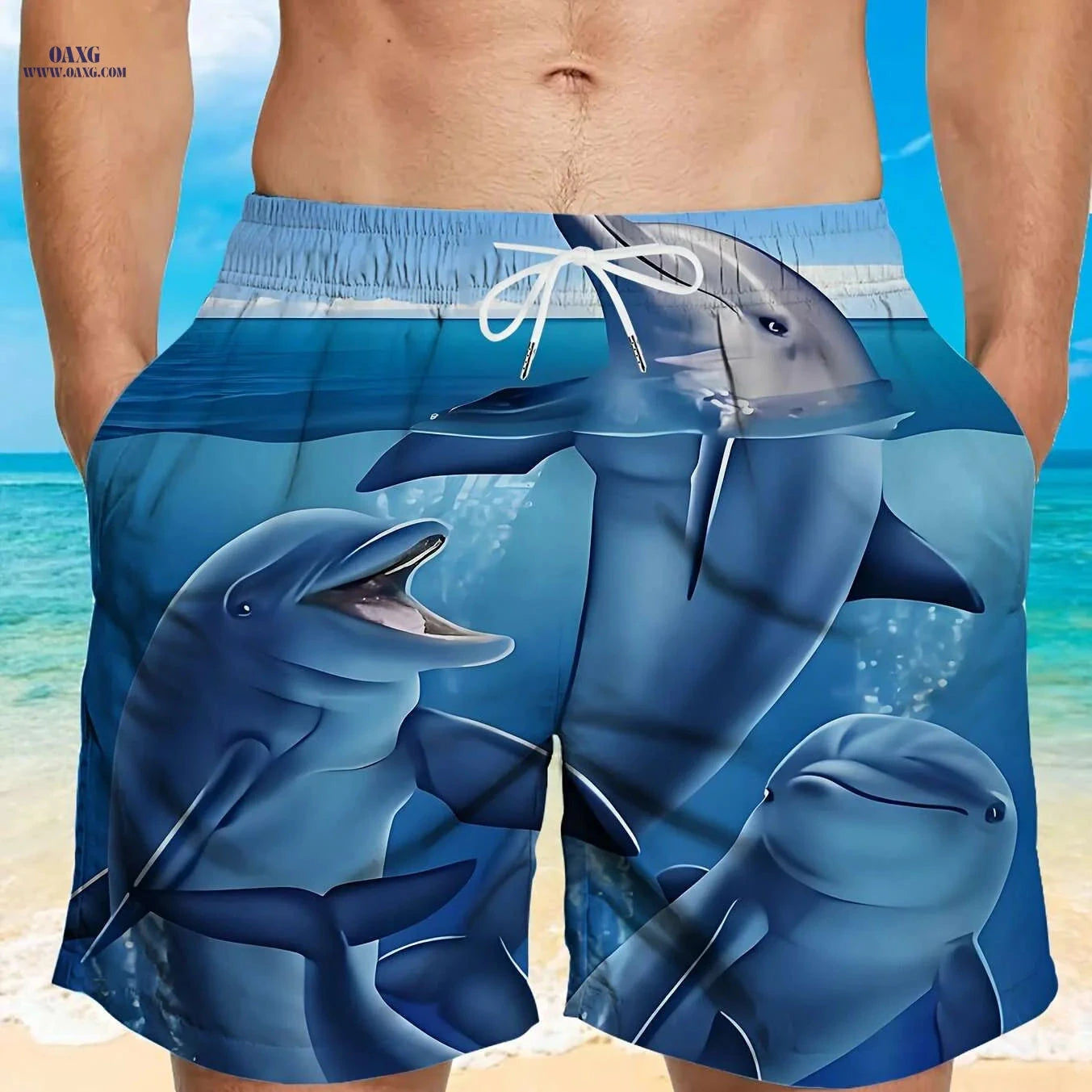 Men’s Quick-Dry Swim Trunks - Stylish Brown Shark Print, Pockets   OAXG 
