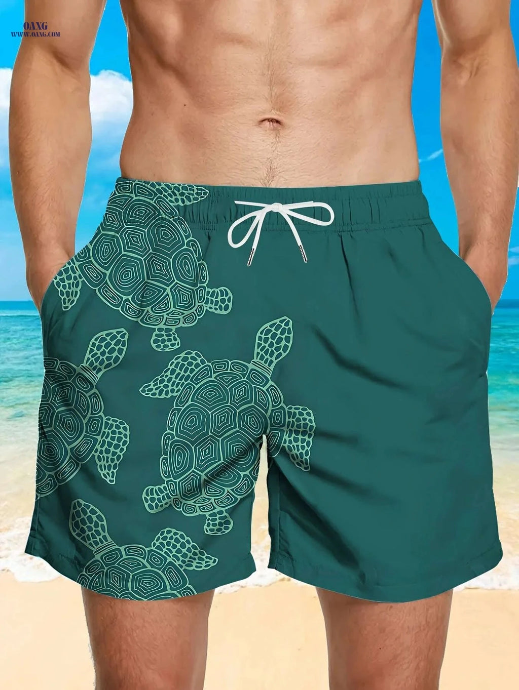 Men’s Quick-Dry Swim Trunks - Stylish Brown Shark Print, Pockets   OAXG 