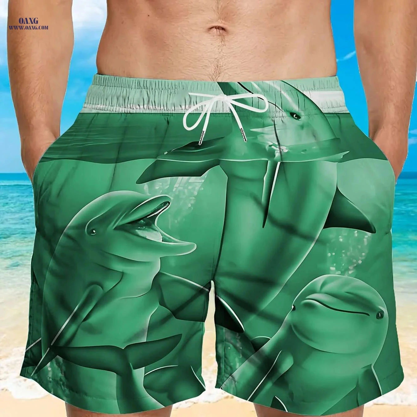 Men’s Quick-Dry Swim Trunks - Stylish Brown Shark Print, Pockets   OAXG Dark Cyan / M