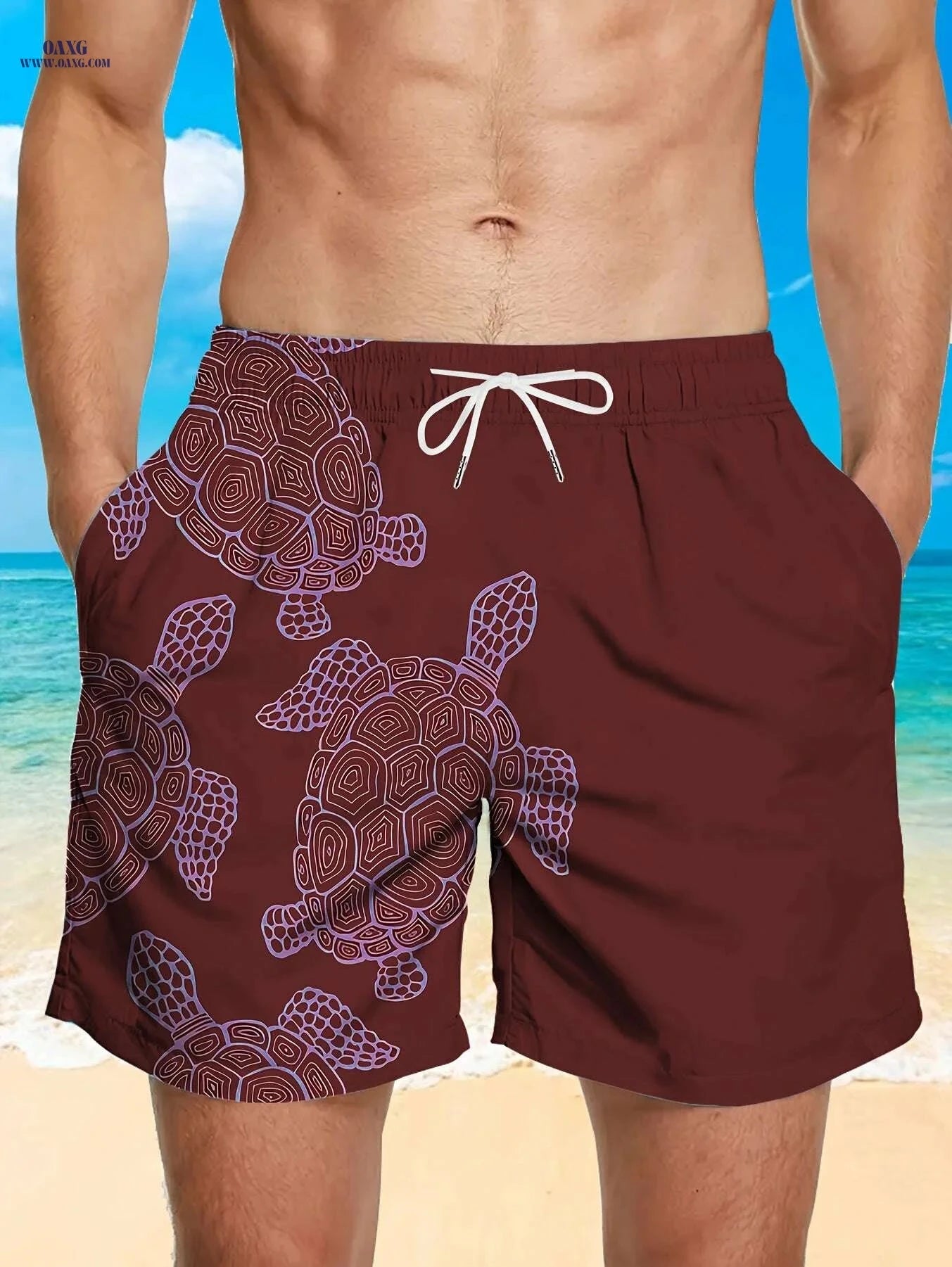 Men’s Quick-Dry Swim Trunks - Stylish Brown Shark Print, Pockets   OAXG Dark Cyan / M