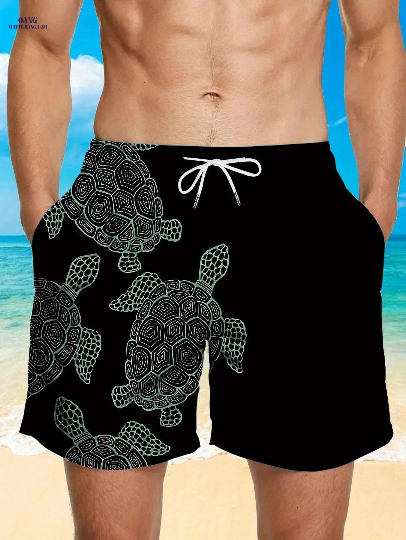 Men’s Quick-Dry Swim Trunks - Stylish Brown Shark Print, Pockets   OAXG Dark Cyan / M