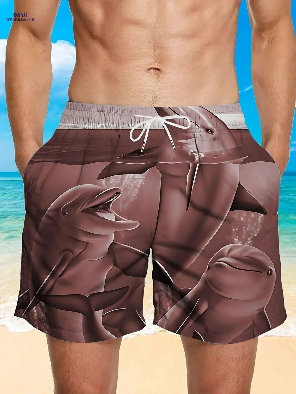 Men’s Quick-Dry Swim Trunks - Stylish Brown Shark Print, Pockets   OAXG Dark Cyan / M