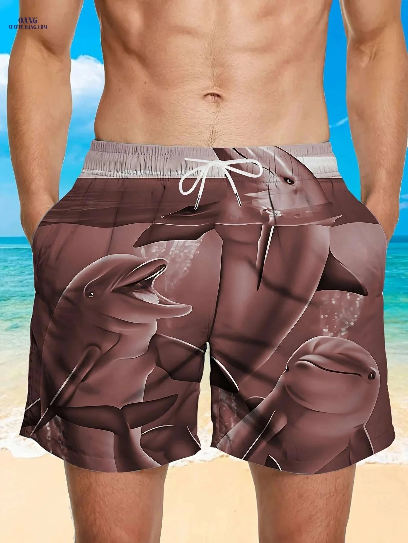 Men’s Quick-Dry Swim Trunks - Stylish Brown Shark Print, Pockets   OAXG Dark Cyan / M