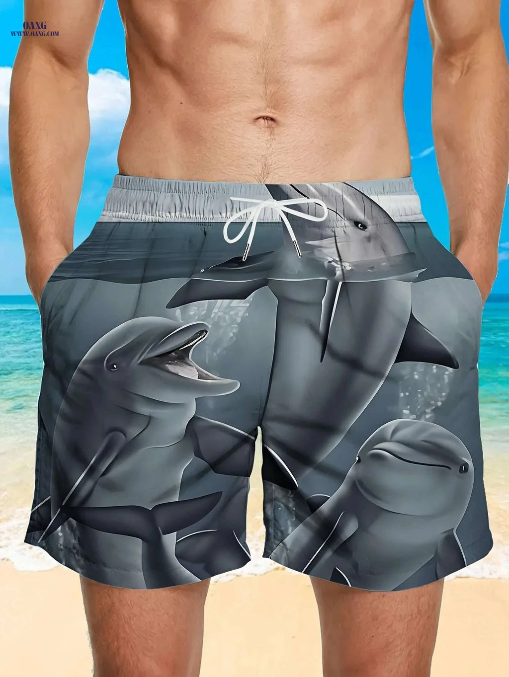 Men’s Quick-Dry Swim Trunks - Stylish Brown Shark Print, Pockets   OAXG Dark Cyan / M