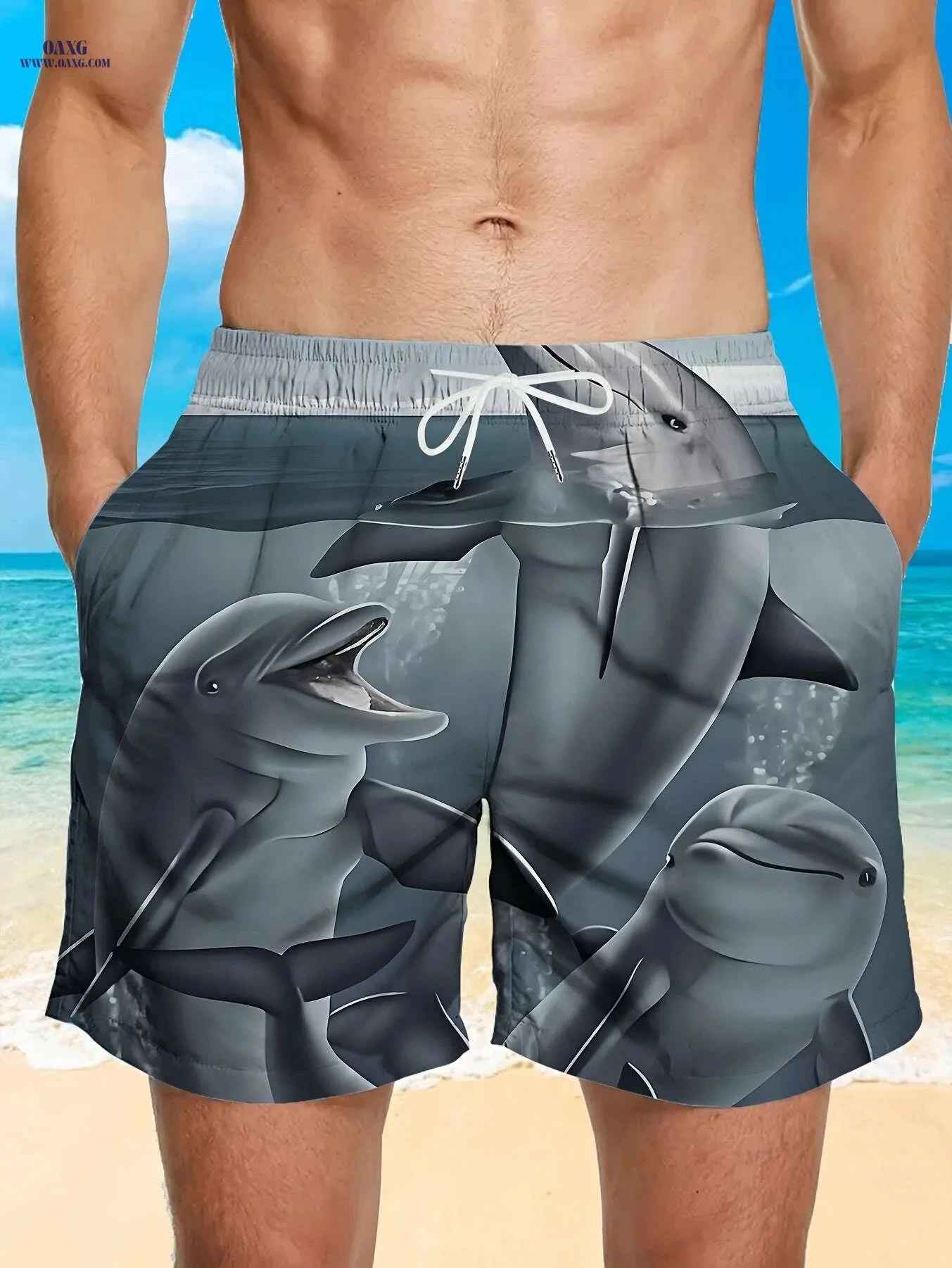 Men’s Quick-Dry Swim Trunks - Stylish Brown Shark Print, Pockets   OAXG Dark Cyan / M