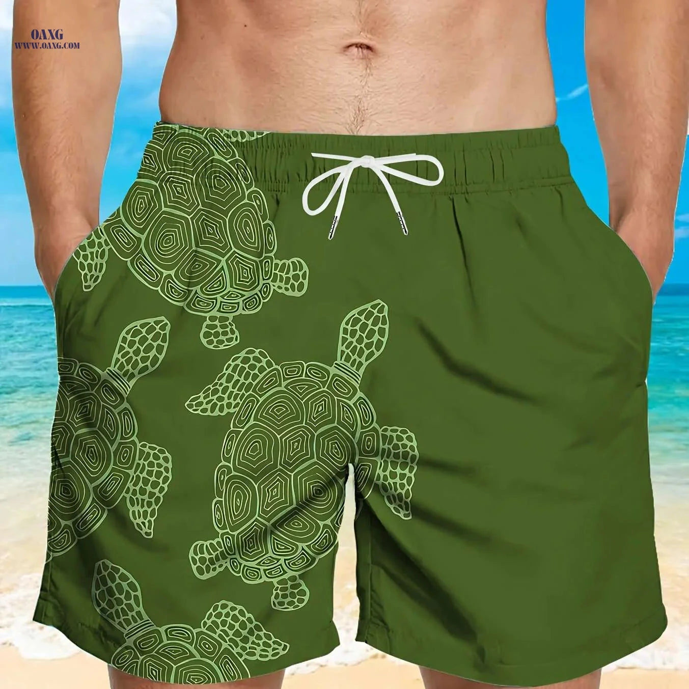 Men’s Quick-Dry Swim Trunks - Stylish Brown Shark Print, Pockets   OAXG Dark Cyan / M