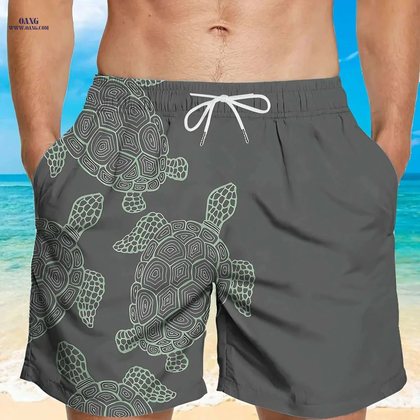 Men’s Quick-Dry Swim Trunks - Stylish Brown Shark Print, Pockets   OAXG Dark Cyan / M
