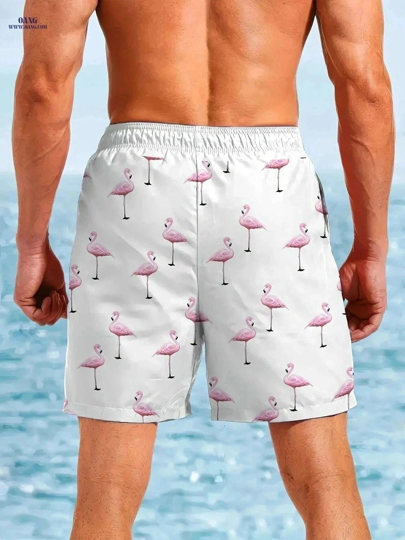 Men's Quick-Dry Swim Trunks - Tropical Flamingo Print Beach Shorts   OAXG Mixed Color / S