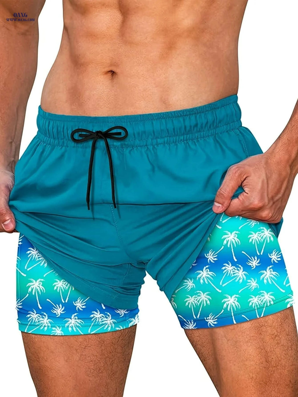 Men's Quick-Dry Swim Trunks - Tropical Palm Print, Elastic Waistband   OAXG 