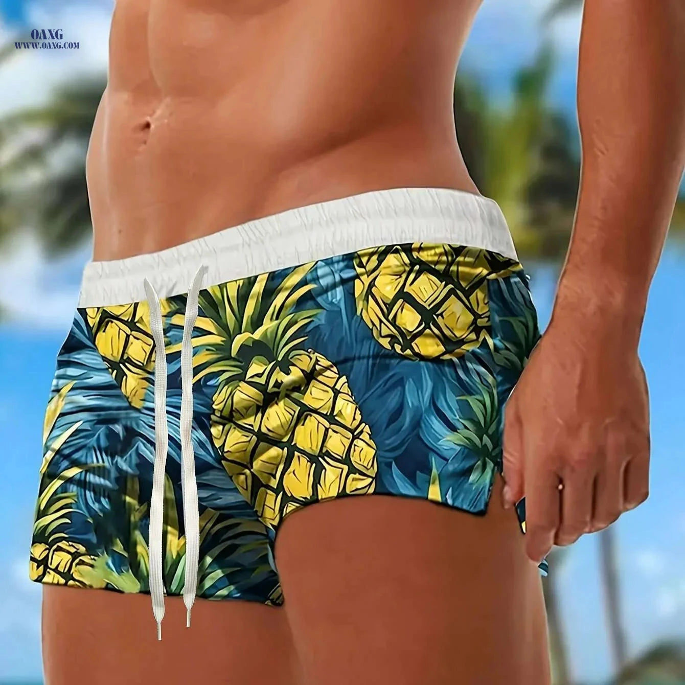 Men's Quick-Dry Swim Trunks - Tropical Pineapple Print, Adjustable Waist   OAXG 