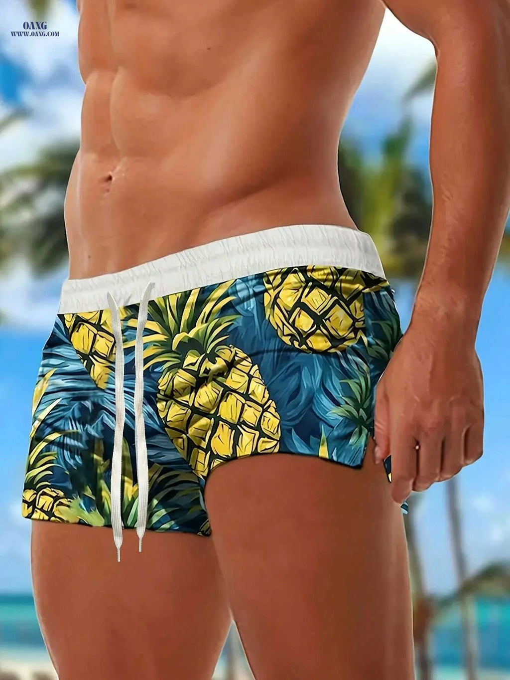 Men's Quick-Dry Swim Trunks - Tropical Pineapple Print, Adjustable Waist   OAXG Royal Blue / S
