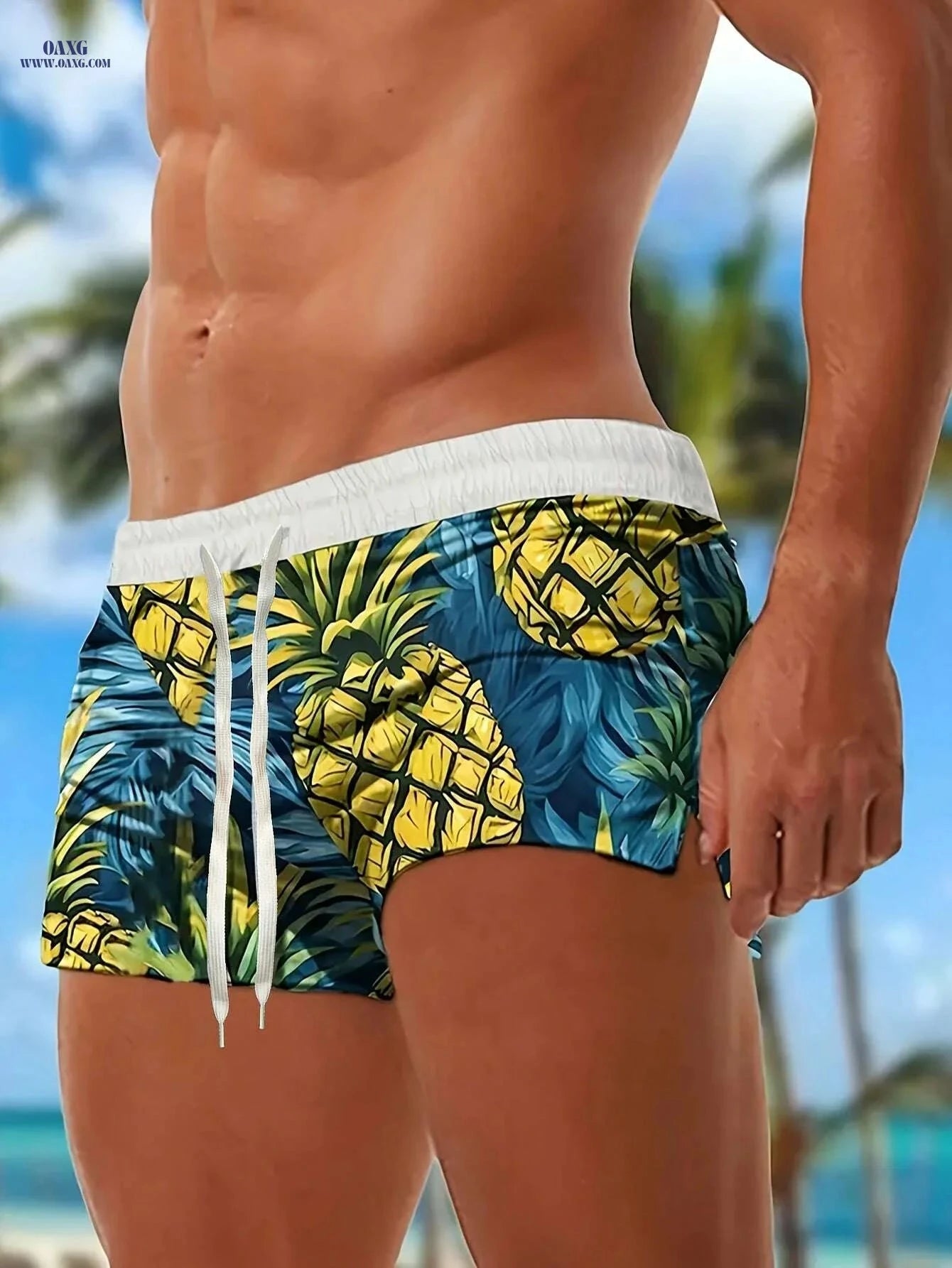 Men's Quick-Dry Swim Trunks - Tropical Pineapple Print, Adjustable Waist   OAXG Royal Blue / S