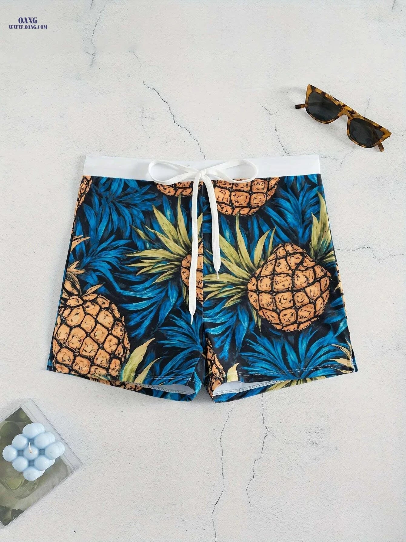 Men's Quick-Dry Swim Trunks - Tropical Pineapple Print, Adjustable Waist   OAXG Royal Blue / S