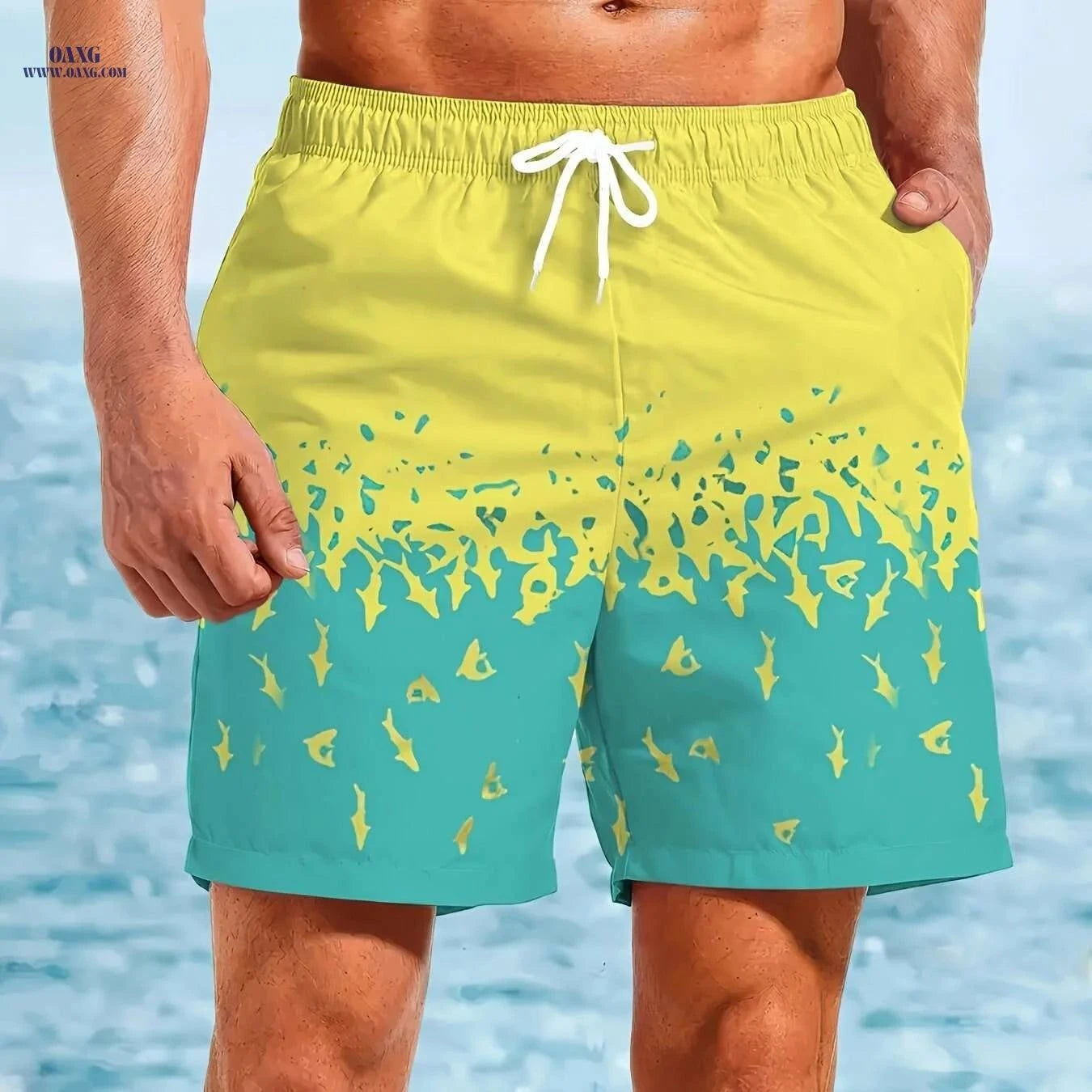 Men's Quick-Dry Swim Trunks - Tropical Shark Print, Machine Washable   OAXG Mixed Color / S