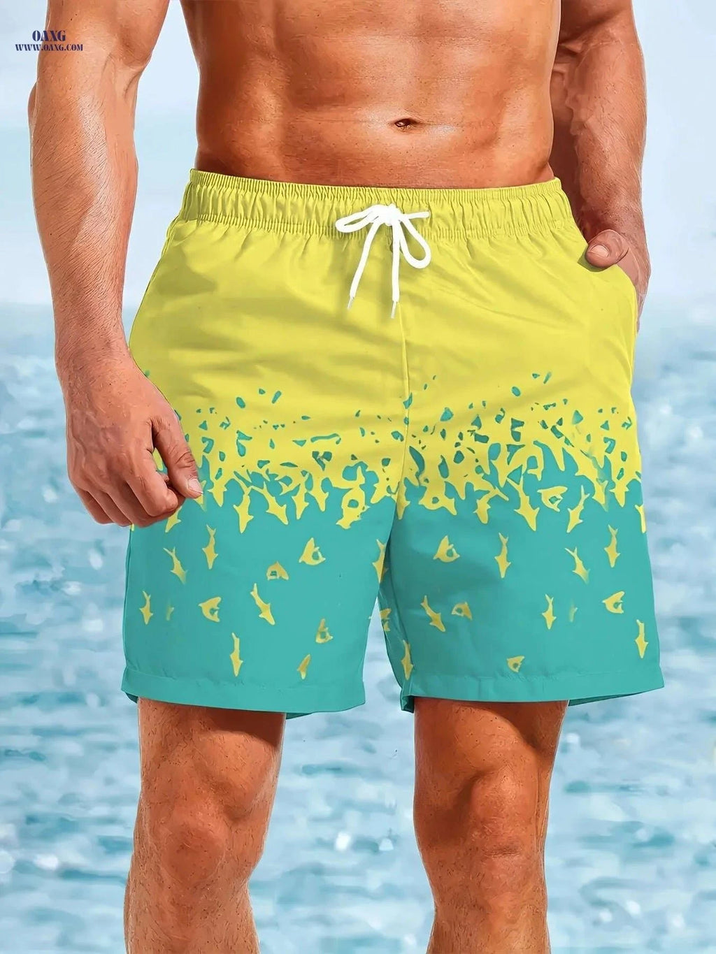 Men's Quick-Dry Swim Trunks - Tropical Shark Print, Machine Washable   OAXG Mixed Color / S