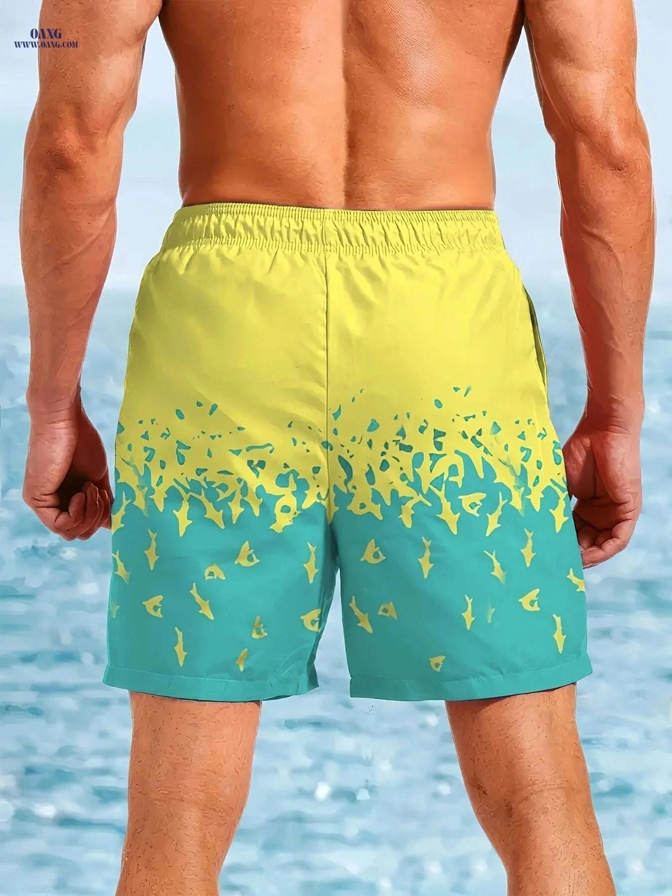 Men's Quick-Dry Swim Trunks - Tropical Shark Print, Machine Washable   OAXG Mixed Color / S