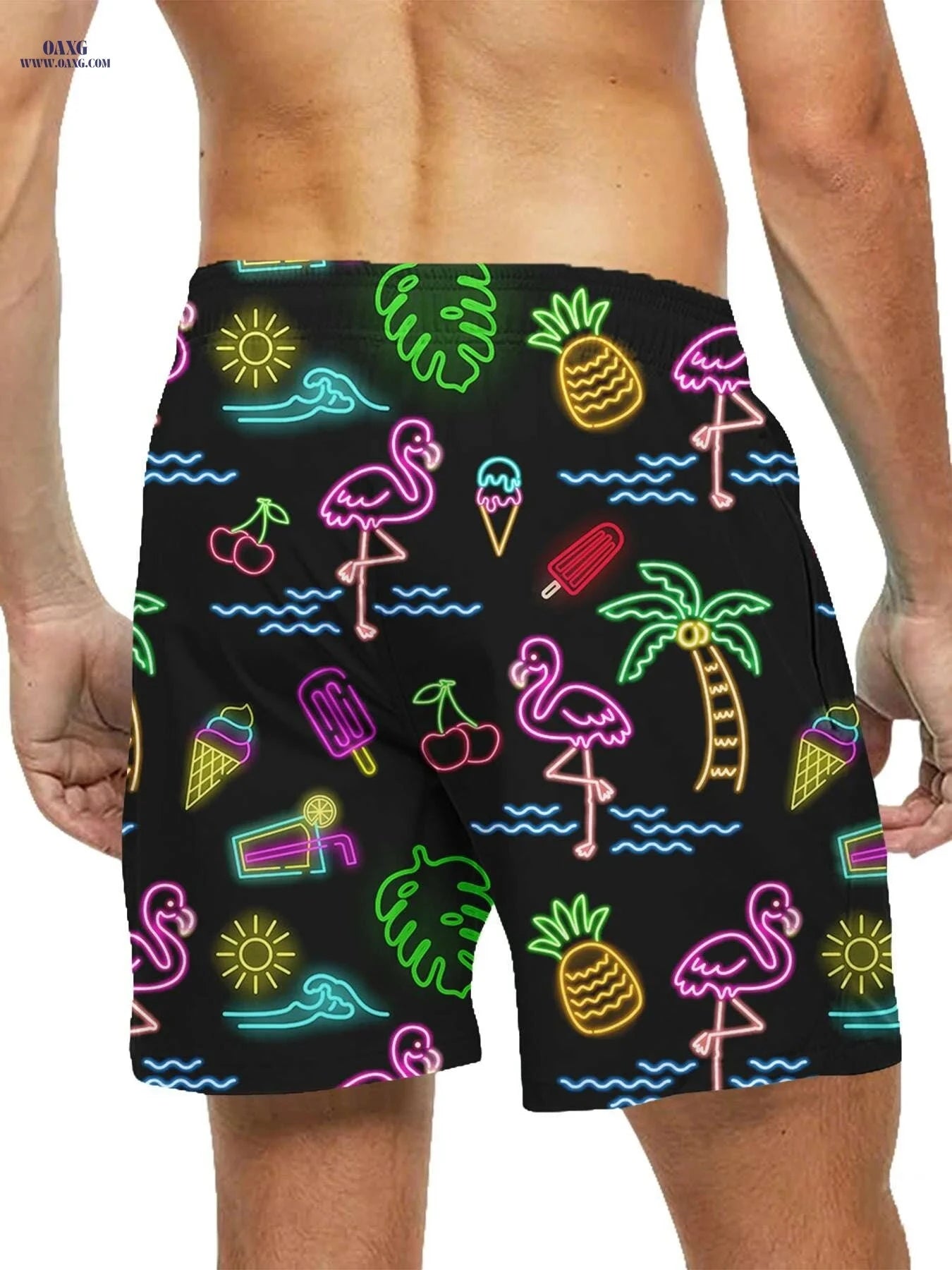 Men's Quick-Dry Tropical Swim Shorts - Neon Flamingo & Pineapple Design   OAXG Mixed Color / S