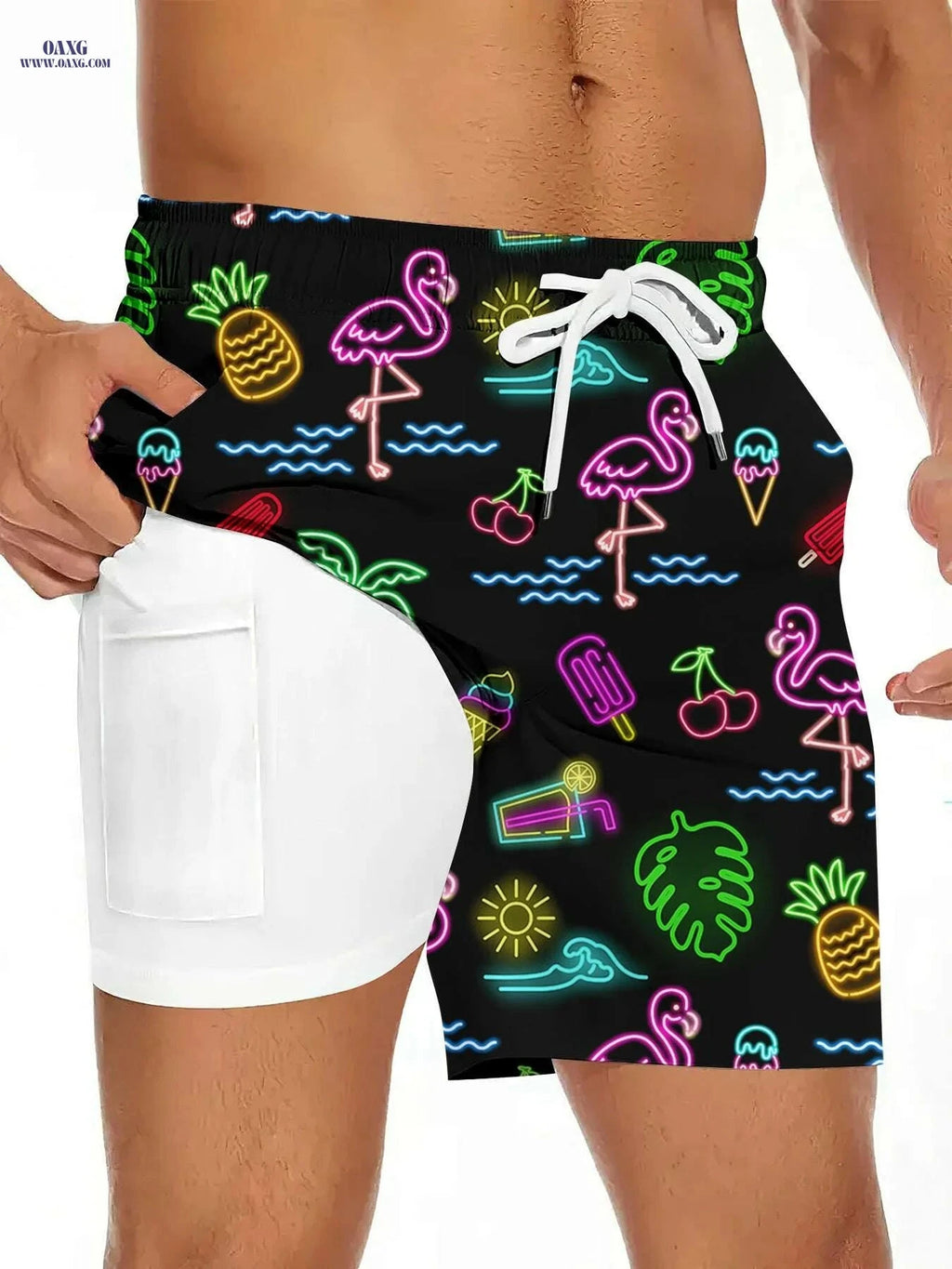 Men's Quick-Dry Tropical Swim Shorts - Neon Flamingo & Pineapple Design   OAXG Mixed Color / S