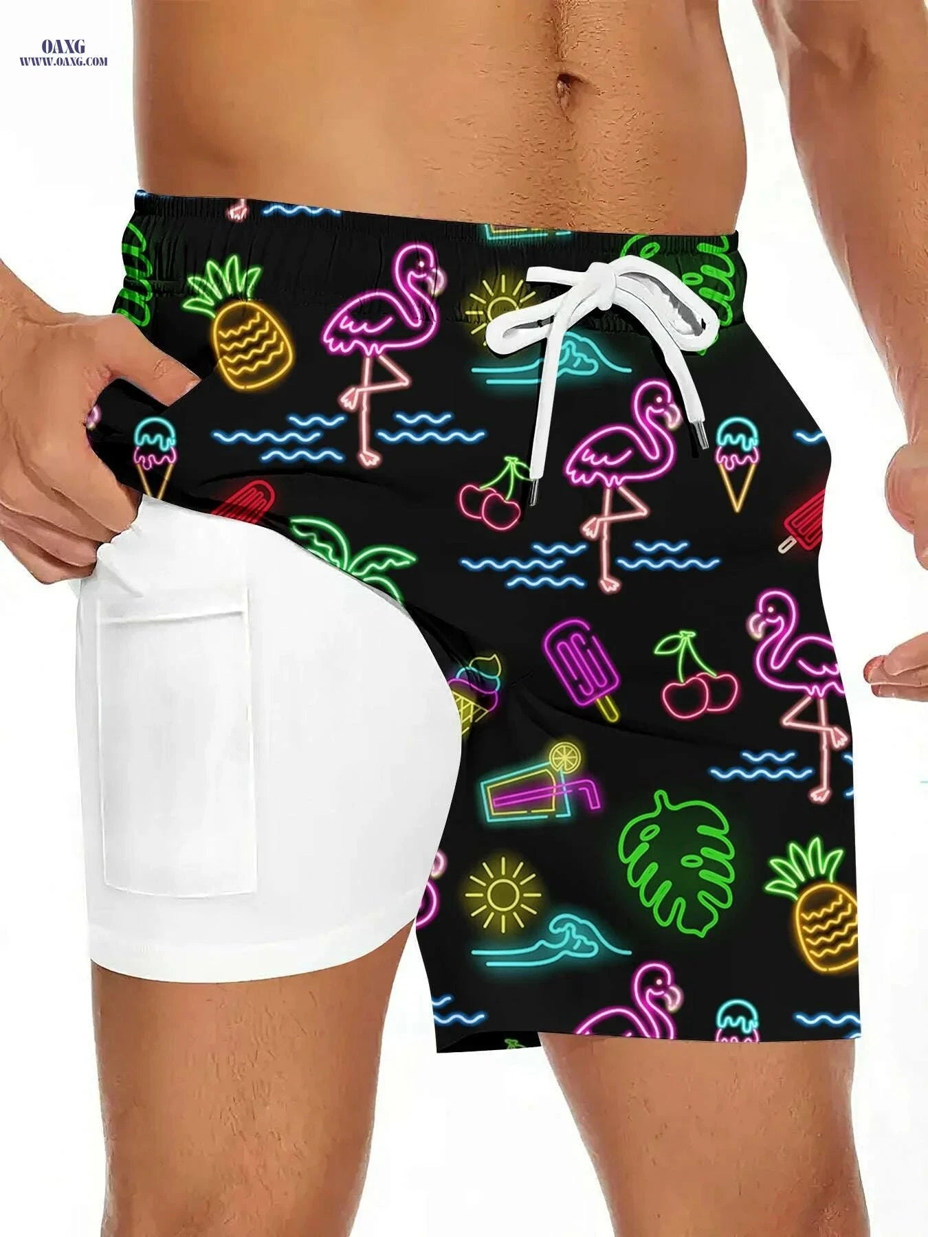 Men's Quick-Dry Tropical Swim Shorts - Neon Flamingo & Pineapple Design   OAXG Mixed Color / S