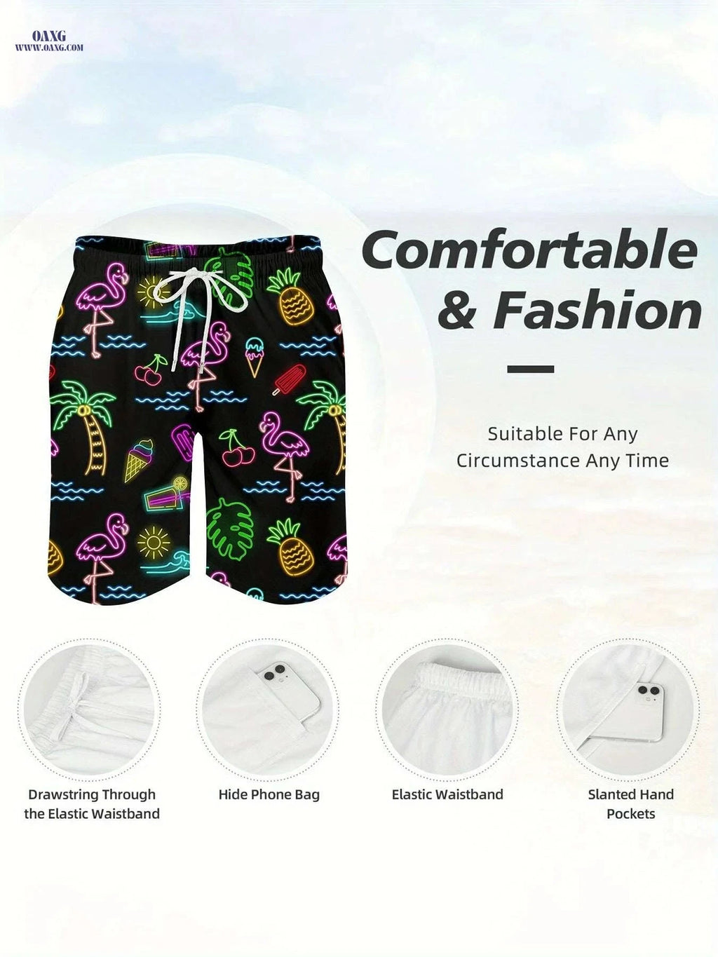 Men's Quick-Dry Tropical Swim Shorts - Neon Flamingo & Pineapple Design   OAXG Mixed Color / S
