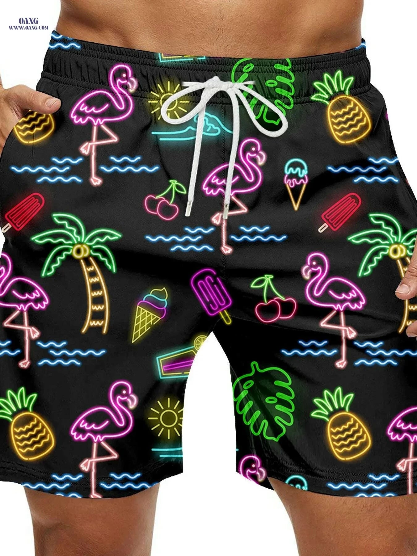 Men's Quick-Dry Tropical Swim Shorts - Neon Flamingo & Pineapple Design   OAXG Mixed Color / S